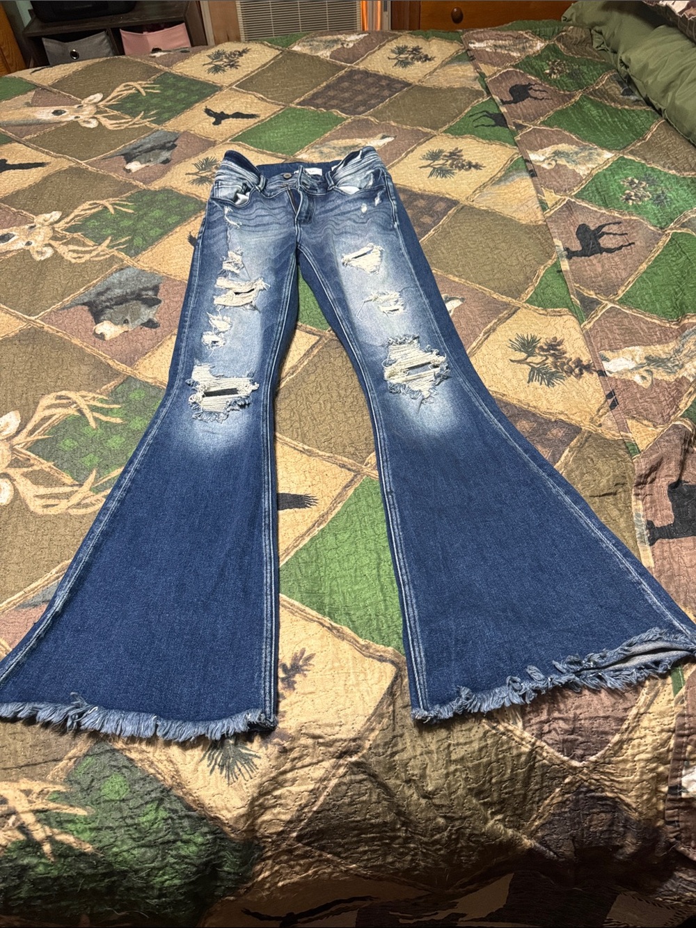KanCan Dark Blue Distressed Flare Jeans with Frayed Hem